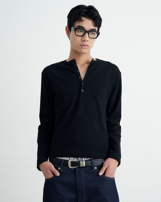 TIGHT RIB HENLEY NECK LONG SLEEVE T-SHIRT / BLACK