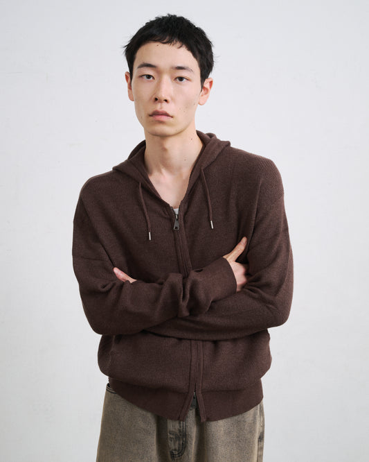 RIB KNIT ZIP HOODIE / BROWN