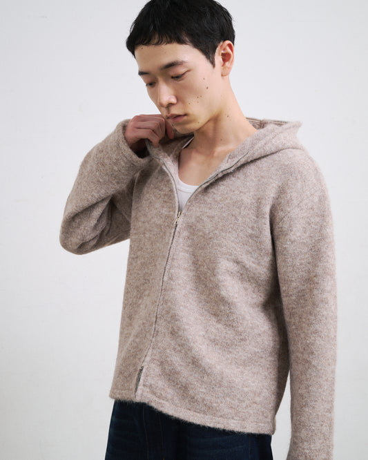 MOHAIR TOUCH ZIP KNIT HOODIE / BEIGE