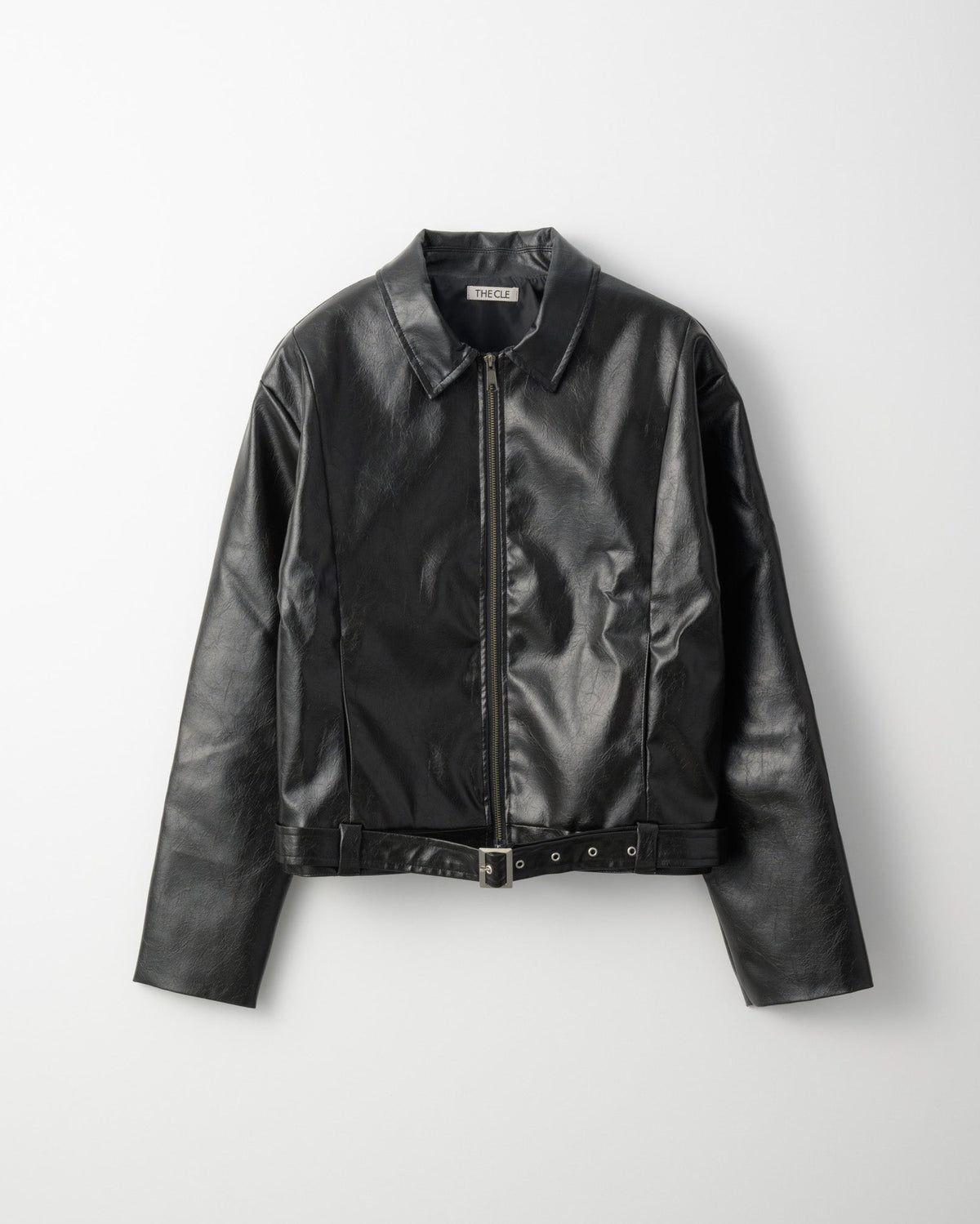 BELTED CROPPED LEATHER JACKET / BLACK