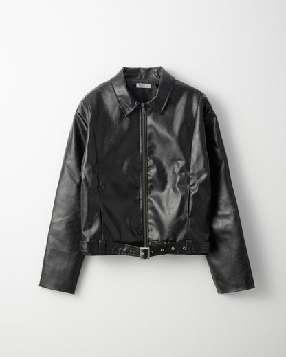 BELTED CROPPED LEATHER JACKET / BLACK