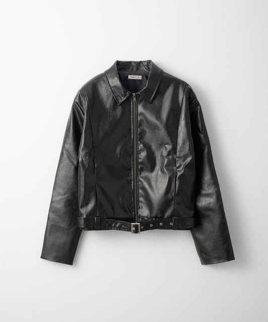 BELTED CROPPED LEATHER JACKET / BLACK