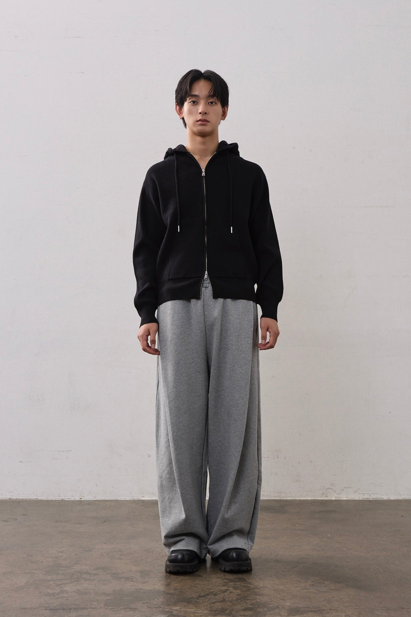 DOUBLE ZIP KNIT HOODIE / BLACK
