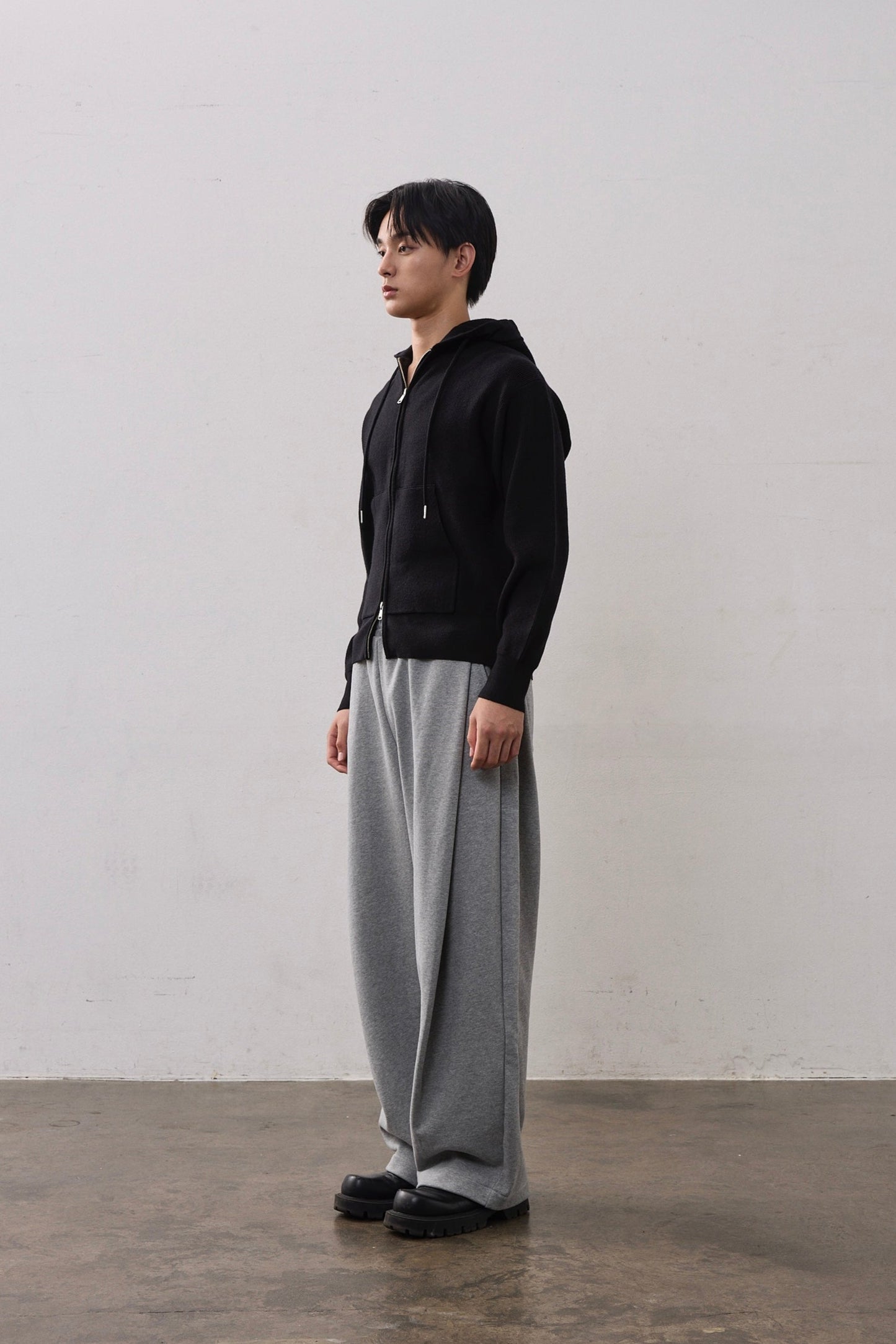 DOUBLE ZIP KNIT HOODIE / BLACK