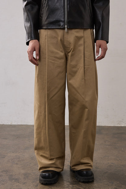TWO TUCK COTTON WIDE PANTS / BEIGE