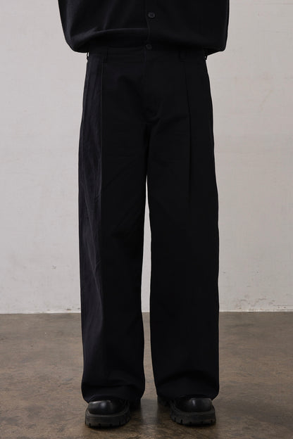 TWO TUCK COTTON WIDE PANTS / NAVY