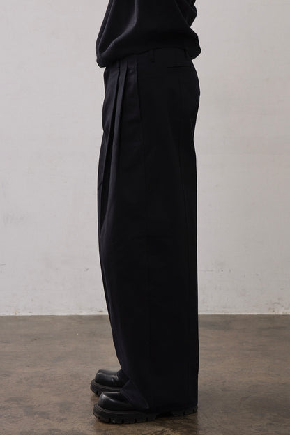 TWO TUCK COTTON WIDE PANTS / NAVY