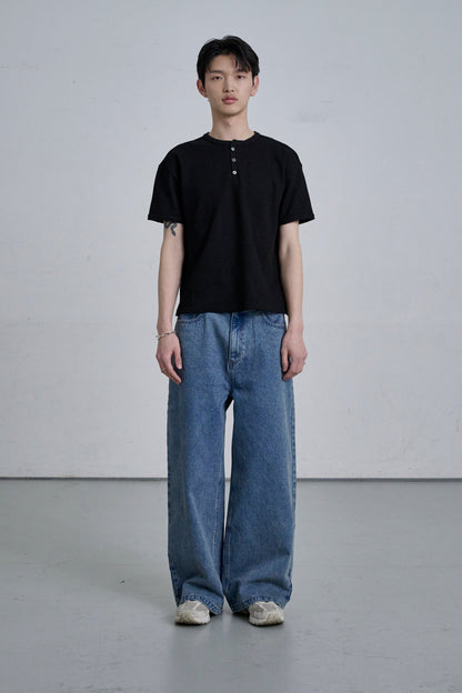HENLEY NECK POLO SHIRT / BLACK