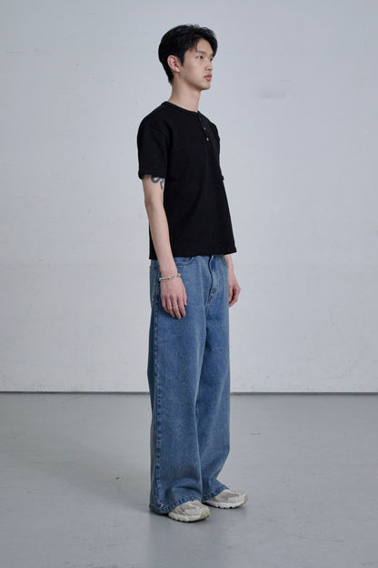 HENLEY NECK POLO SHIRT / BLACK