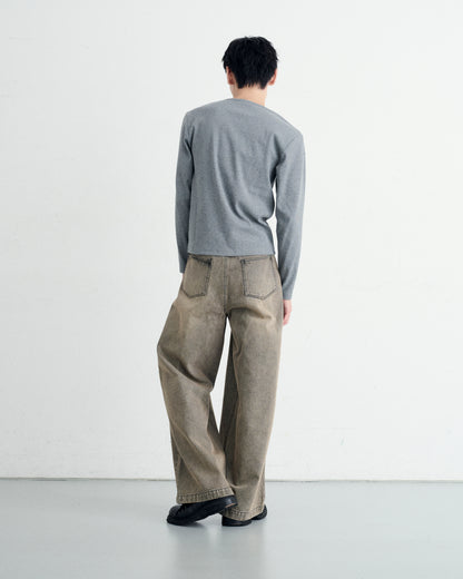 TIGHT RIB HENLEY NECK LONG SLEEVE T-SHIRT / GRAY