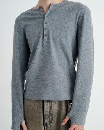 TIGHT RIB HENLEY NECK LONG SLEEVE T-SHIRT / GRAY