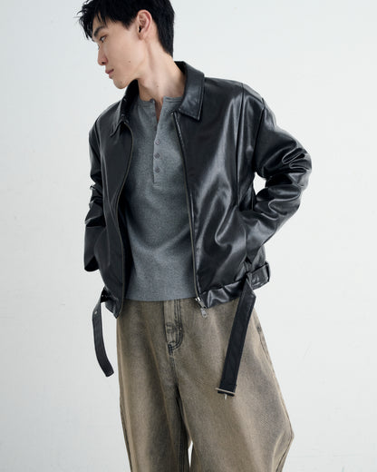 BELTED CROPPED LEATHER JACKET / BLACK