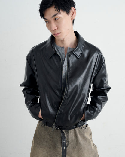 BELTED CROPPED LEATHER JACKET / BLACK