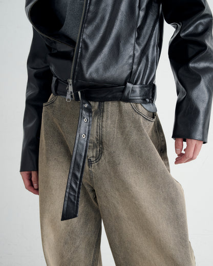 BELTED CROPPED LEATHER JACKET / BLACK