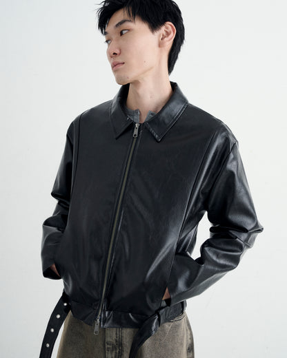BELTED CROPPED LEATHER JACKET / BLACK