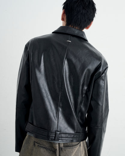 BELTED CROPPED LEATHER JACKET / BLACK