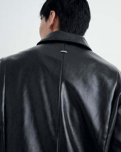 BELTED CROPPED LEATHER JACKET / BLACK