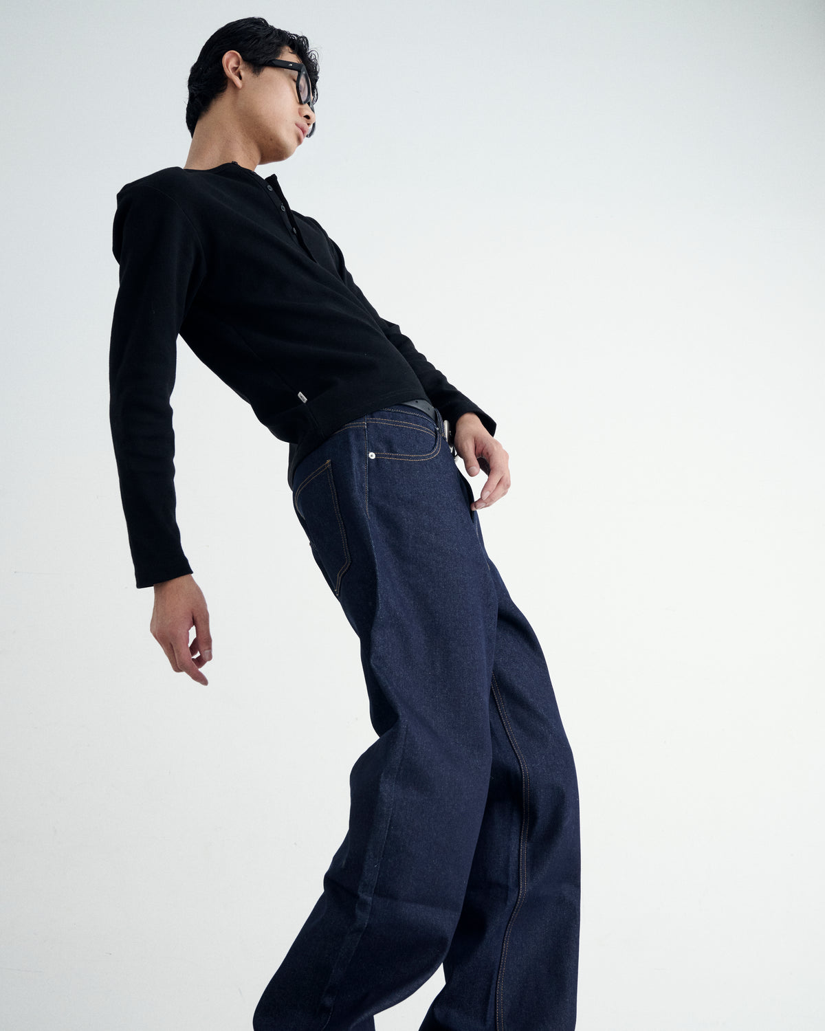 TIGHT RIB HENLEY NECK LONG SLEEVE T-SHIRT / BLACK