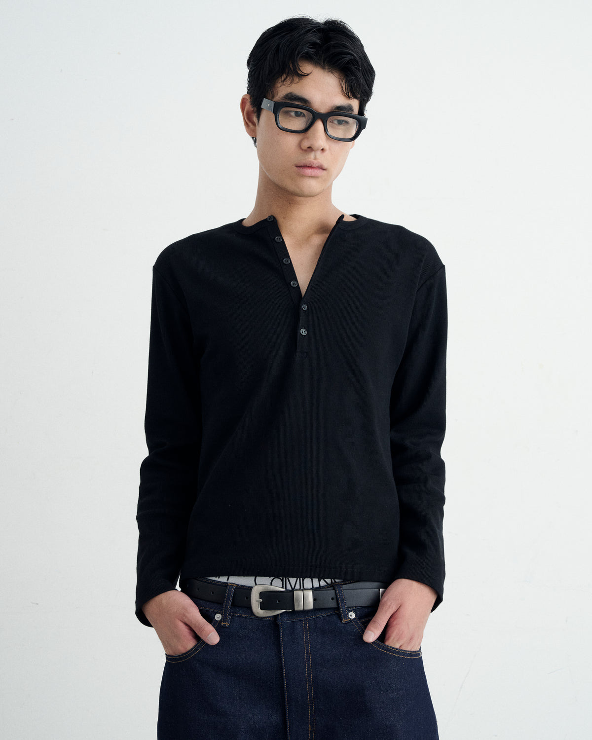 TIGHT RIB HENLEY NECK LONG SLEEVE T-SHIRT / BLACK