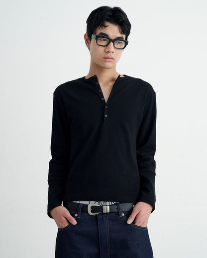 TIGHT RIB HENLEY NECK LONG SLEEVE T-SHIRT / BLACK