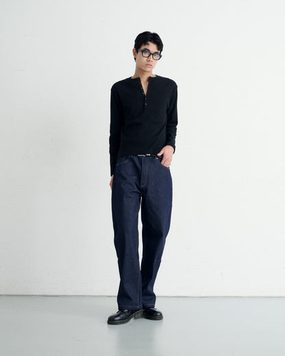 TIGHT RIB HENLEY NECK LONG SLEEVE T-SHIRT / BLACK