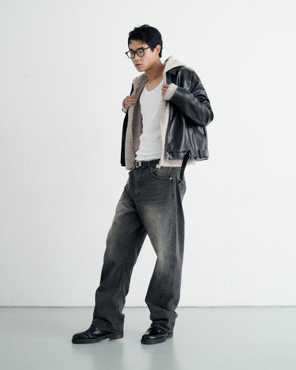 BELTED CROPPED LEATHER JACKET / BLACK
