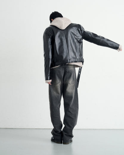 BELTED CROPPED LEATHER JACKET / BLACK