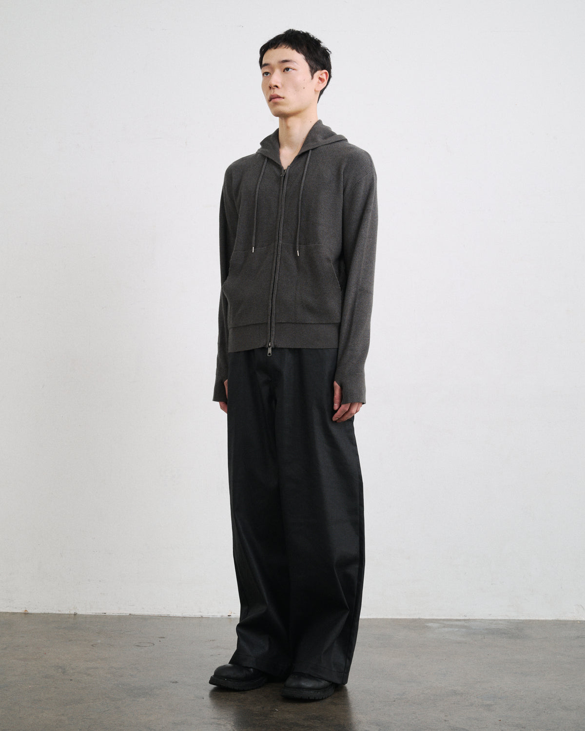 RIB KNIT ZIP HOODIE / GRAY