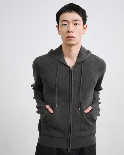 RIB KNIT ZIP HOODIE / GRAY