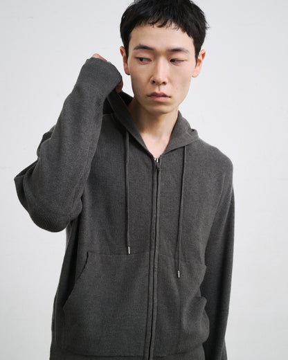 RIB KNIT ZIP HOODIE / GRAY