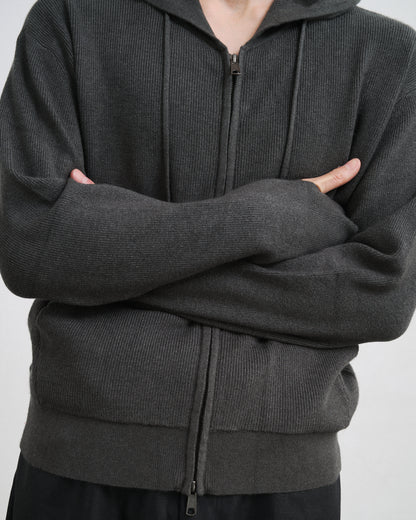 RIB KNIT ZIP HOODIE / GRAY