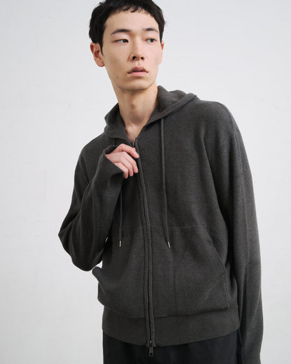 RIB KNIT ZIP HOODIE / GRAY