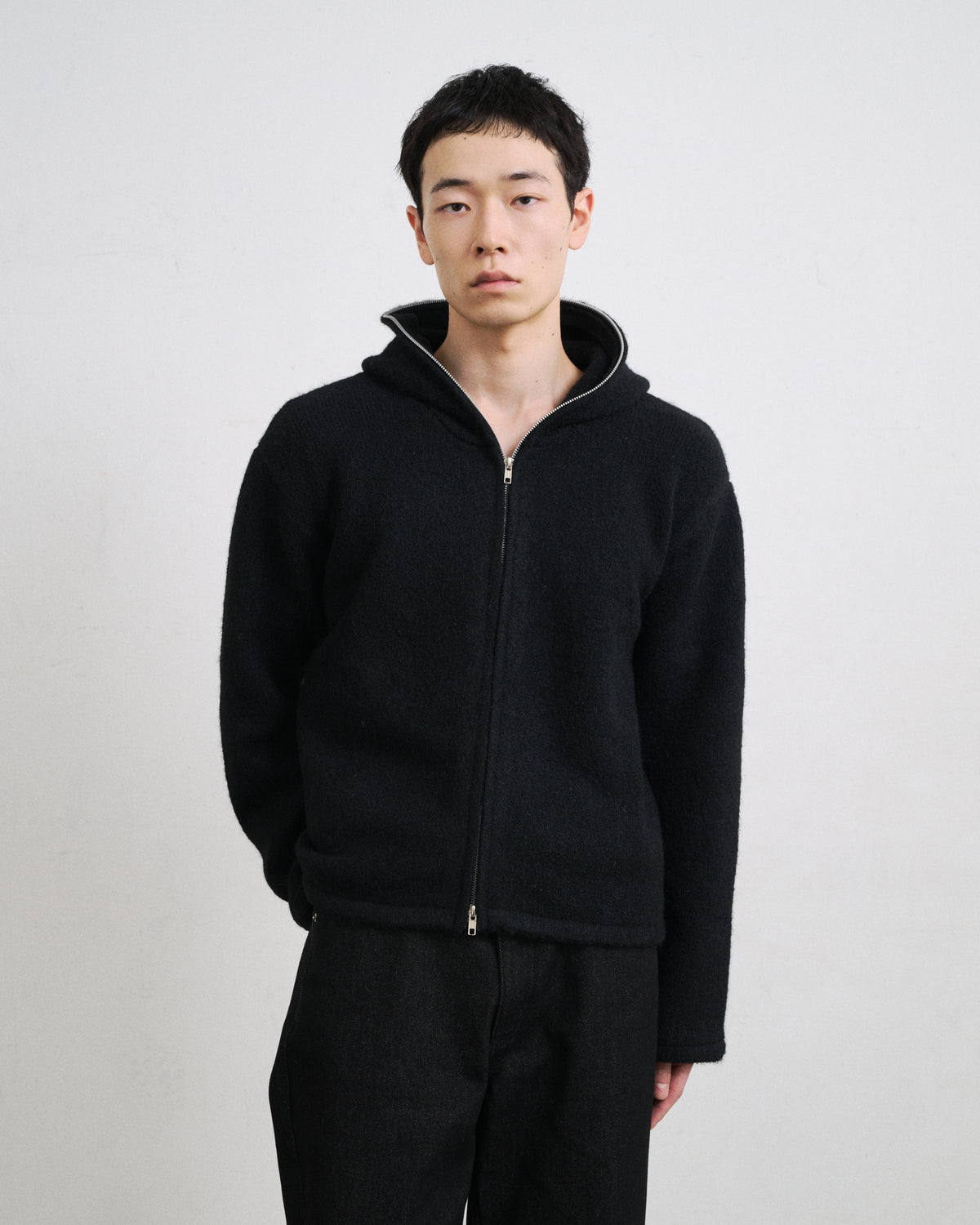 MOHAIR TOUCH ZIP KNIT HOODIE / BLACK
