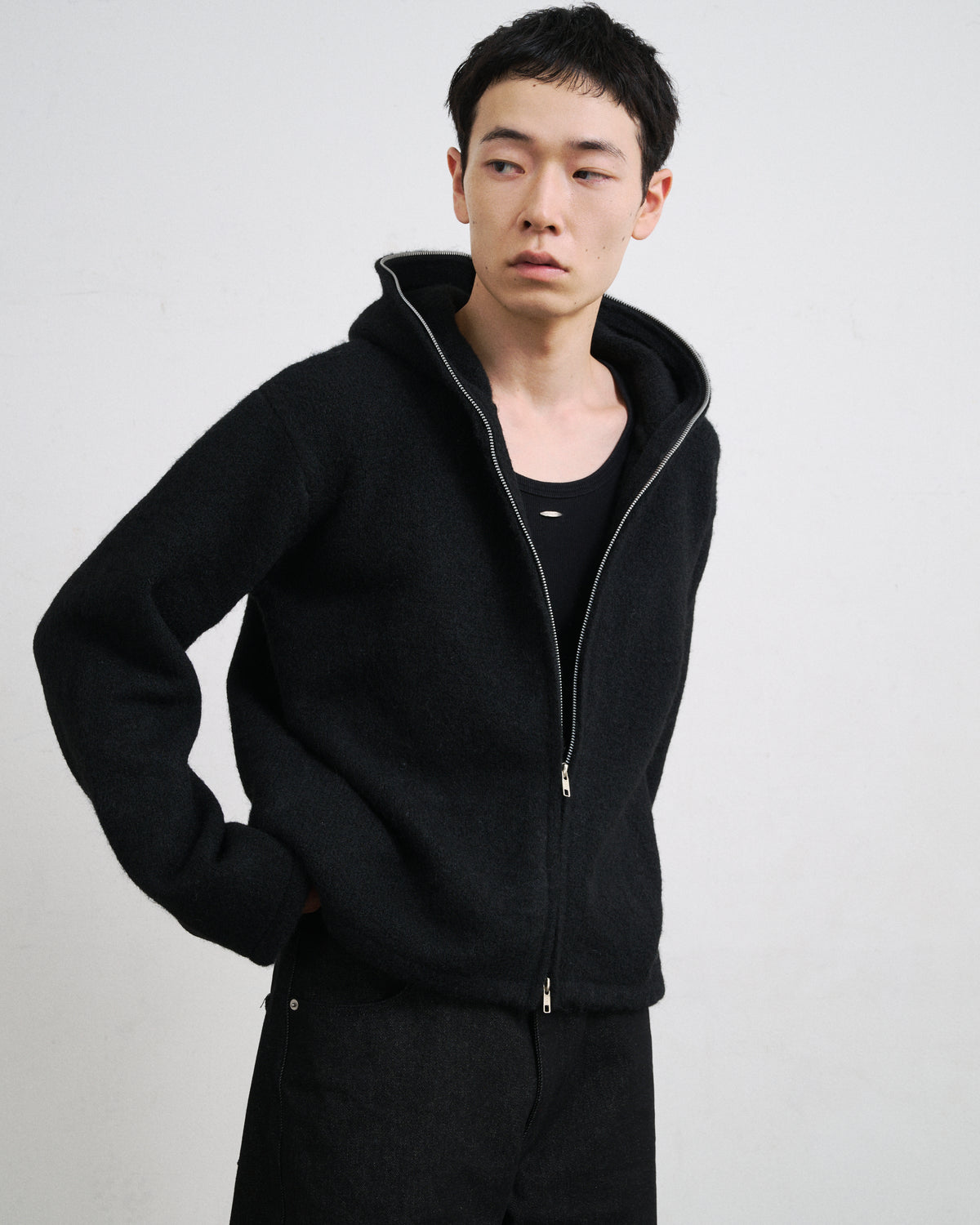 MOHAIR TOUCH ZIP KNIT HOODIE / BLACK
