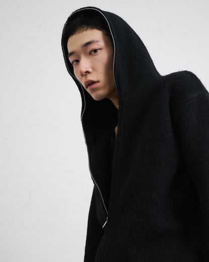 MOHAIR TOUCH ZIP KNIT HOODIE / BLACK