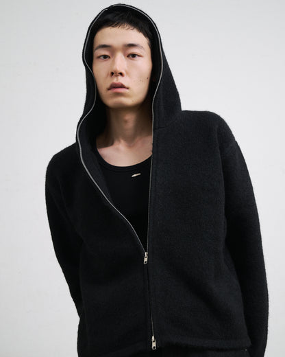 MOHAIR TOUCH ZIP KNIT HOODIE / BLACK