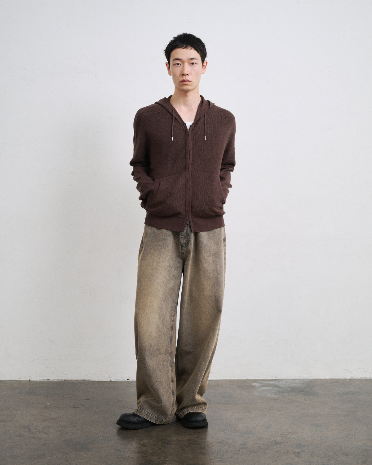 RIB KNIT ZIP HOODIE / BROWN