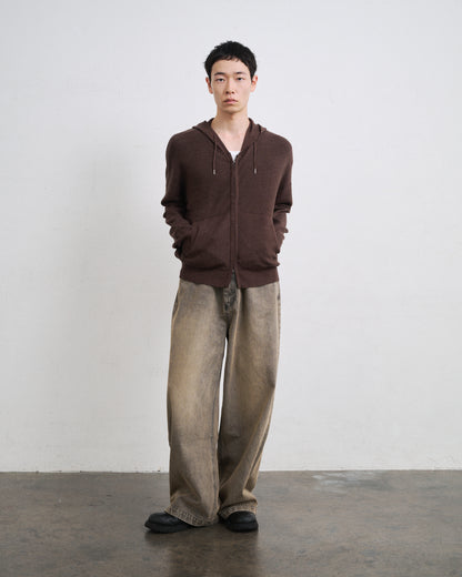 RIB KNIT ZIP HOODIE / BROWN