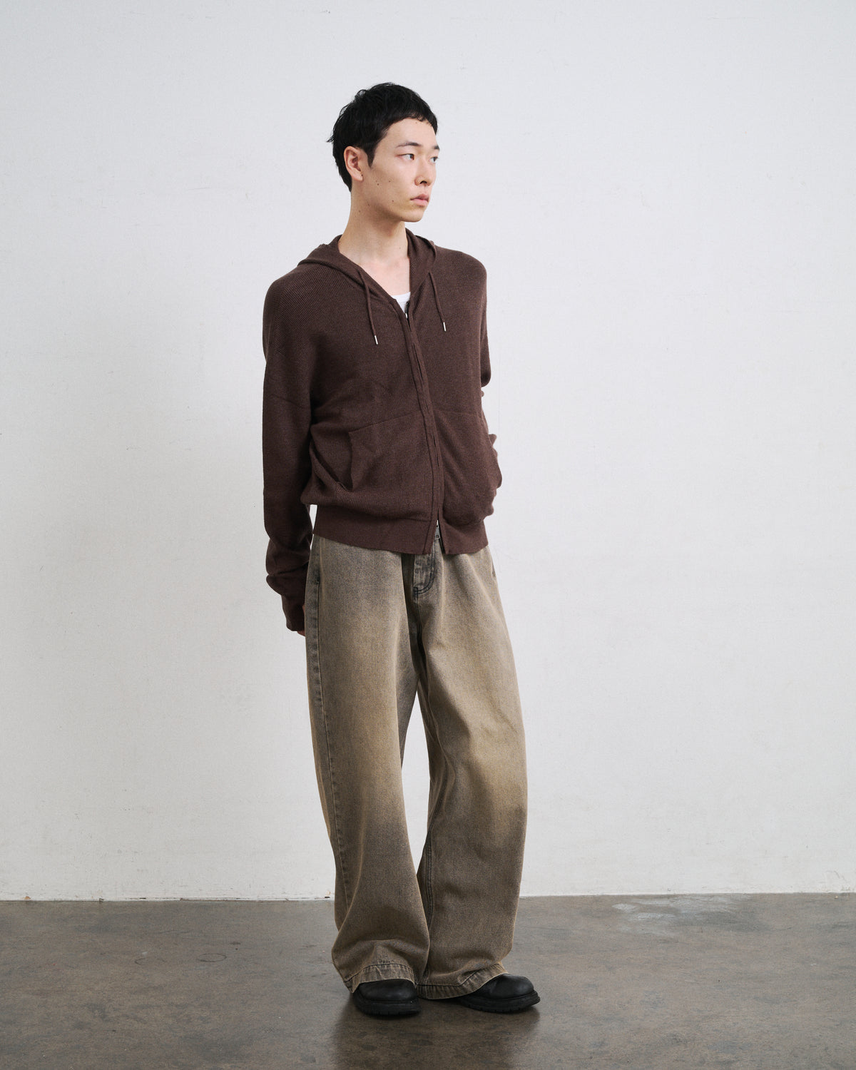 RIB KNIT ZIP HOODIE / BROWN