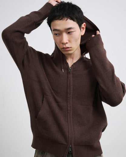 RIB KNIT ZIP HOODIE / BROWN