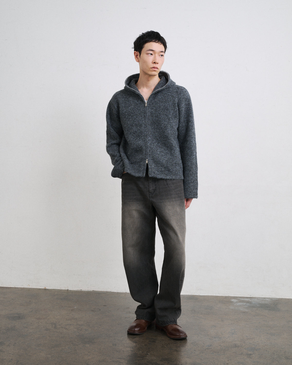 MOHAIR TOUCH ZIP KNIT HOODIE / GRAY