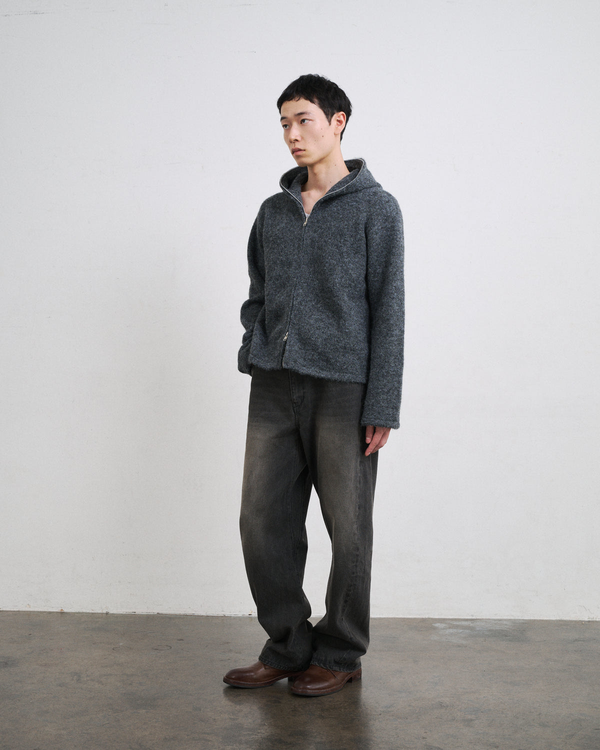 MOHAIR TOUCH ZIP KNIT HOODIE / GRAY