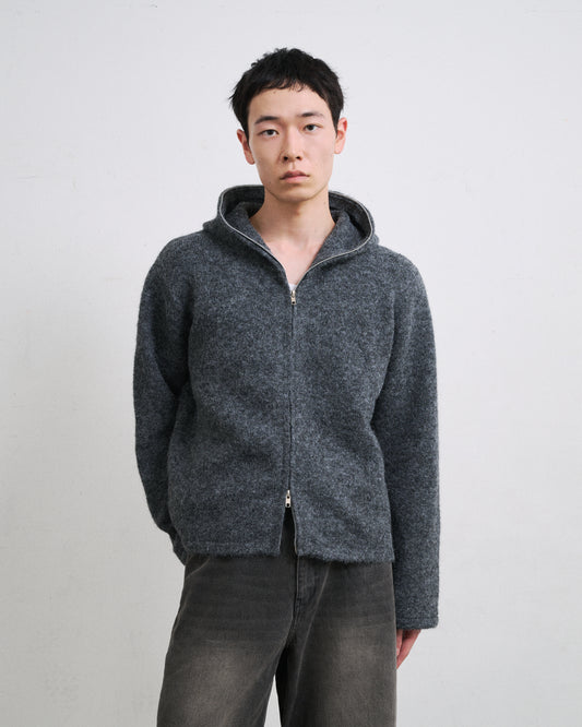 MOHAIR TOUCH ZIP KNIT HOODIE / GRAY
