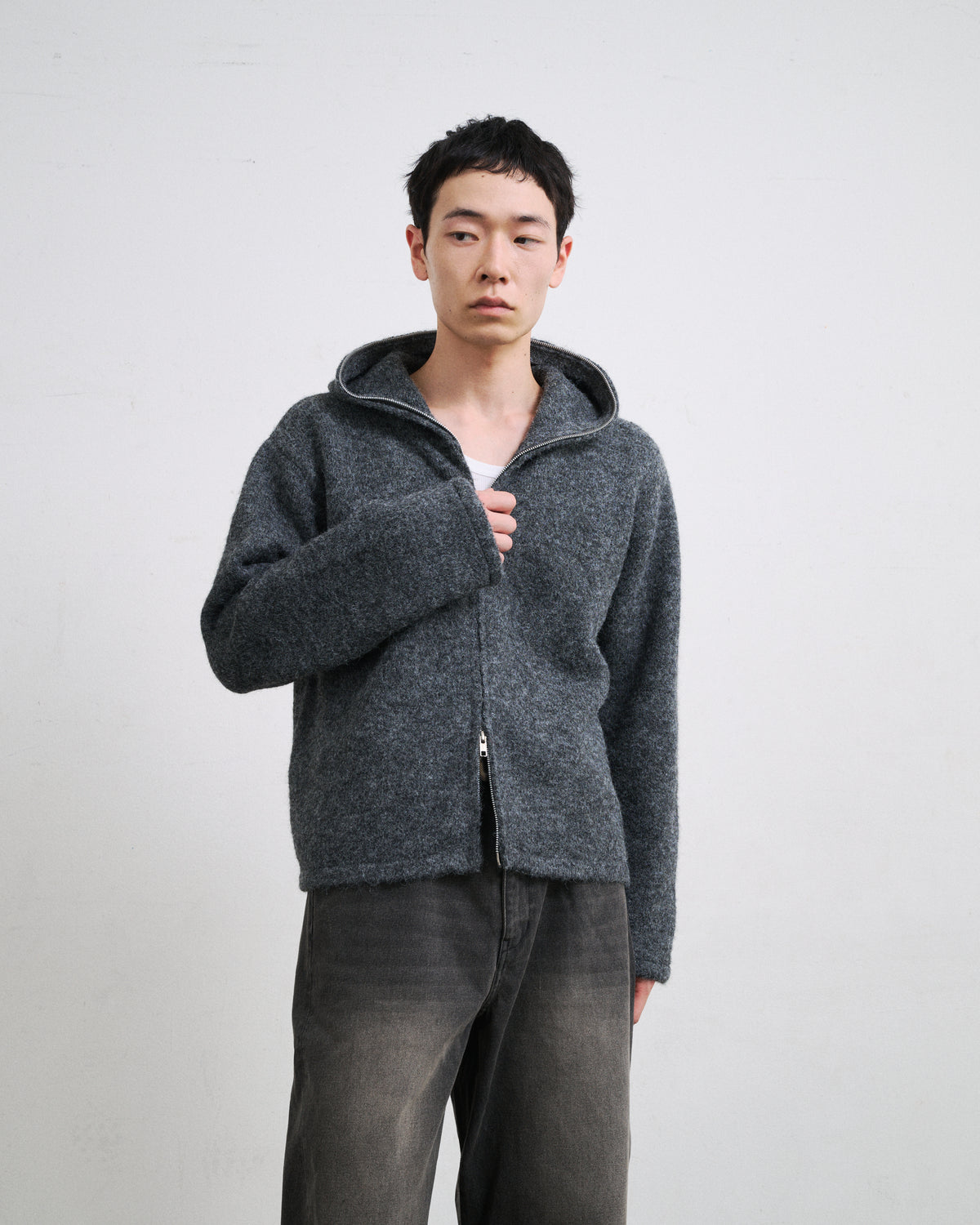 MOHAIR TOUCH ZIP KNIT HOODIE / GRAY