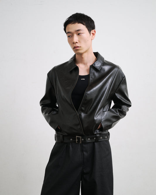 BELTED CROPPED LEATHER JACKET / BLACK