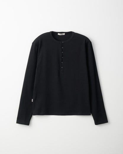 TIGHT RIB HENLEY NECK LONG SLEEVE T-SHIRT / BLACK