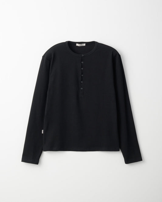 TIGHT RIB HENLEY NECK LONG SLEEVE T-SHIRT / BLACK
